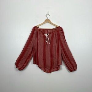 Free People Boho Balloon Long Sleeve Lightweight Pullover Tie Front Tunic Top